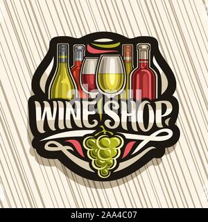 Il logo del vettore per il negozio del vino, cartello nero con illustrazione del set italiano le bottiglie di vino e mezza piena wineglasses, decorativi fiorisce e letterin Illustrazione Vettoriale