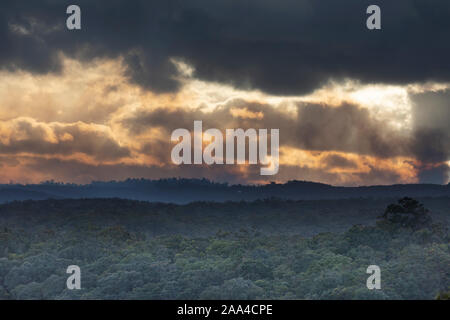 Fire Fighting elicotteri volare in fumo durante un incendio di bush nelle Blue Mountains in Australia Foto Stock