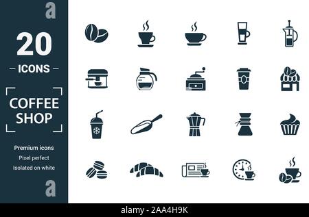 Coffe Shop icon set. Includere elementi creativi i chicchi di caffè, cappuccino, macchina del caffè, caffè per andare, caffè ghiacciato icone. Può essere utilizzato per il report Illustrazione Vettoriale