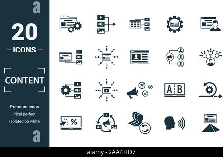 Icona Contenuto impostato. Includere elementi creativi cms, piano del contenuto, contenuti digitali viral marketing, media plan icone. Può essere utilizzato per il report Illustrazione Vettoriale