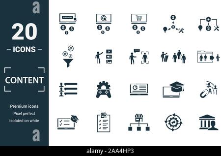 Icona Contenuto impostato. Includere elementi creativi costo per clic, crowdsourcing, curation, Exit rate, â€oegamificationâ€ icone. Può essere utilizzato per il report Illustrazione Vettoriale