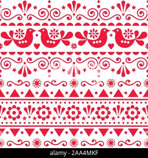 Natale scandinavo carino seamless pattern vettore folk art style, ripetitive inverno Retrò design nordico con uccelli, alberi di Natale, fiocchi e Illustrazione Vettoriale