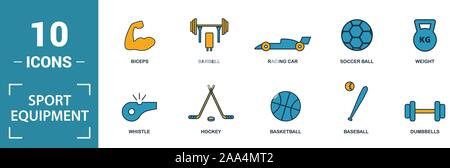 Attrezzature sportive icon set. Includere elementi creativi manubri, calcio, baseball, hockey, cyclette icone. Può essere utilizzato per il report Illustrazione Vettoriale