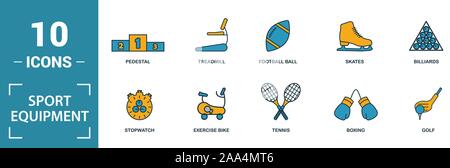 Attrezzature sportive icon set. Includere elementi creativi manubri, calcio, baseball, hockey, cyclette icone. Può essere utilizzato per il report Illustrazione Vettoriale