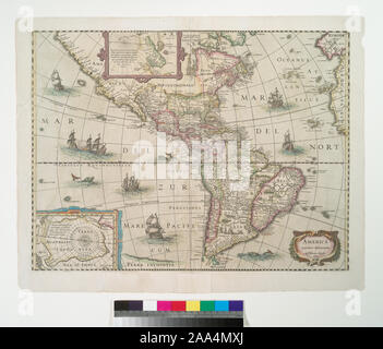 Citazione/riferimento : Stokes addendi, Mappe, 1631-mappe-1 dalla proiezione di Mercatore/Hondius Atlas, la XIV edizione latina, Atlas Novus, Sive Descriptio Geographica Totius Orbis Terrarum (Amsterdam, 1638). La stampa contiene 2 inset: [Nord regione polare] ; [Sud regione polare]. Citazione/riferimento : Piazza Deák 025; America noviter delineata. Foto Stock