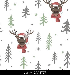 Natale vettore seamless pattern con Cartoon carino cervi, alberi e fiocchi di neve. Bianco, nero e grigio tavolozza. Scandinavo Sfondo Inverno Illustrazione Vettoriale