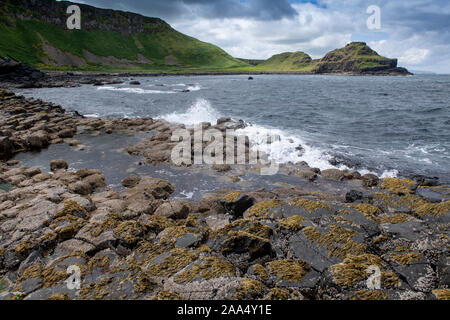 Le persone che visitano il Giants Causeway nella contea di Antrim, Irlanda del Nord, Regno Unito. Foto Stock