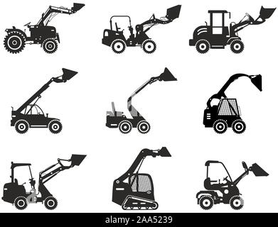 Serie di minipale caricatrici. Silhouette di pesanti attrezzature da costruzione e macchina di data mining in stile piatto sullo sfondo bianco. Macchine da cantiere Illustrazione Vettoriale