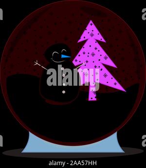 Appartamento inverno e Natale illustrazione vettoriale. Snow Globe con la caduta di neve, un simpatico, felice e sorridente pupazzo di neve accanto a un Natale di abete. Foto Stock