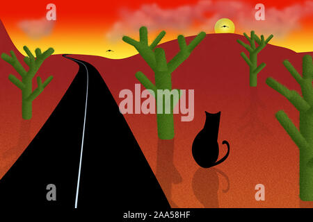Strada nel deserto del fumetto. Rosso tramonto o l'alba, verde cactus e gatto nero Foto Stock