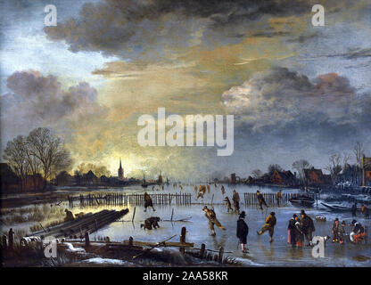 Paesaggio invernale con pattinatori 1655-1660da Aert van Neer 1603-1677 Olandese, Paesi Bassi. Foto Stock