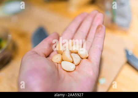 Primo piano della mano che tiene arrosto di noci di macadamia porzione per uno snack o un ingrediente preparazione con sfondo bokeh di fondo del tavolo da cucina tagliere Foto Stock