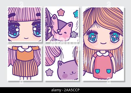 Anime cute ragazze con teste di gatti di carte illustrazione vettoriale Illustrazione Vettoriale