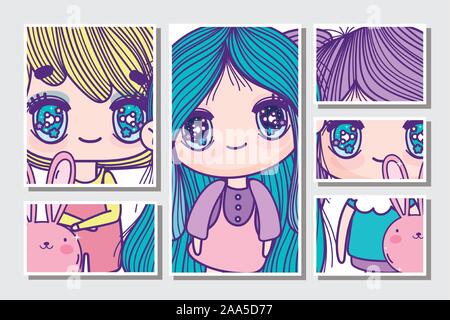 Anime cute ragazze avatar con carte di conigli illustrazione vettoriale Illustrazione Vettoriale