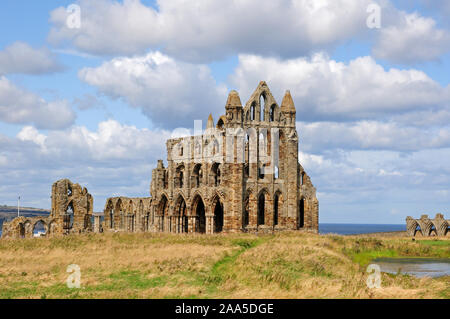 Whitby Abbey. Parte del laghetto. Il mare Foto Stock