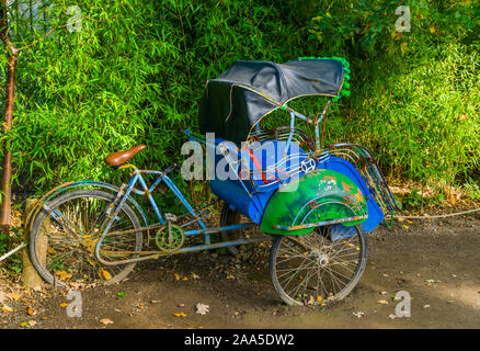 Vista laterale di un tradizionale ciclo asiatici rickshaw, Vintage veicolo da trasporto dall Asia Foto Stock