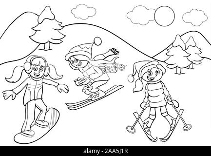 Bianco e Nero Cartoon illustrazioni di snowboard e sci ragazze caratteri su Inverno tempo libro da colorare pagina Illustrazione Vettoriale