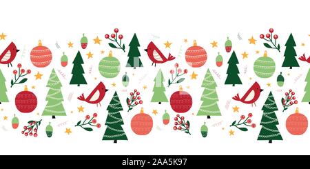 Alberi di Natale, uccelli, ornamenti, mistletoes vettore senza giunture confine. Lo stile scandinavo verde e rosso e vacanze di Natale motivo ripetitivo. Carino Illustrazione Vettoriale