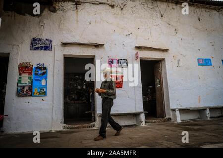 La Aduana fruttivendolo, in Alamos, Sonora. Il vecchio negozio di striscia durante il periodo coloniale. Situato nel La Aduana comunità nel comune di Álamos, Sonora, Messico. Questo negozio ha un sacco di storia con il suo contatore di legno, sporcizia tetto, adove e reed di epoche passate. Essa vende i prodotti di tutti i tipi. È stata una merce centro di Exchange al momento dell'estrazione dell'oro. Il vecchio West. Messico settentrionale, rivoluzionario del Messico. © (© Foto: LuisGutierrez / NortePhoto.com) tienda de abarrotes La aduana en Alamos, Sonora. antigua tienda de raya duranti la época de la colonia. Ubicada en la Comunidad La aduana en es Foto Stock