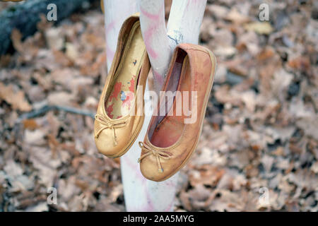 Vecchio golden scarpe da ballo appendere su un albero. In autunno parco su una linea bianca un paio di scarpe vecchie dipinte in oro. Foto Stock