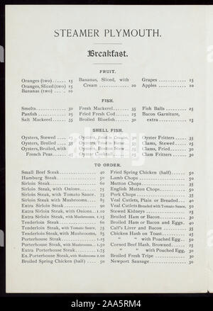 ILLUS: STEAMSHIP PRISCILLA con bandiere e nota il metodo ideale; 13 medaglioni disposti in ovale, ciascuna raffigurante un metodo di trasporto; STREAMER CON NOTA: uno studio nel trasporto; prezzo lista vini, i prezzi quotati per PT e QT, miniature e individui; colazione [detenute da] FALL RIVER LINE [at] VAPORIZZATORE PLYMOUTH (SS;) Foto Stock
