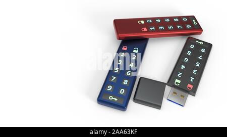 Protetto da password unità flash su sfondo bianco, 3D render Foto Stock