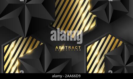 Abstract sfondo geometrico. 3D illustrazione vettoriale. Triangolo nero o una forma piramidale. esagono con un golden motivo a strisce. Illustrazione Vettoriale