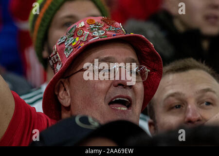 Cardiff, Regno Unito. 19 Nov 2019. Il Galles di ventilatori in Galles v Ungheria UEFA EURO 2020 il qualificatore a Cardiff City Stadium. Credito: Lewis Mitchell/Alamy Live News Foto Stock