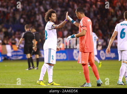 La Coruña,Spagna .20 agosto 2017 .Keylor Navas e Marcelo del Real Madrid durante la Liga match tra RC Deportivo de La Coruña e Real Madrid Foto Stock