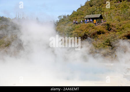 Il vapore si riversa da hot springs sulle terrazze di silice in corrispondenza di Orakei Korako Foto Stock