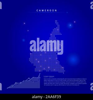 Camerun mappa illuminato con puntini luminosi. Elementi Infographics. Blu scuro dello sfondo dello spazio. Illustrazione Vettoriale. Diagramma di crescente, lorem ipsum testo. Illustrazione Vettoriale