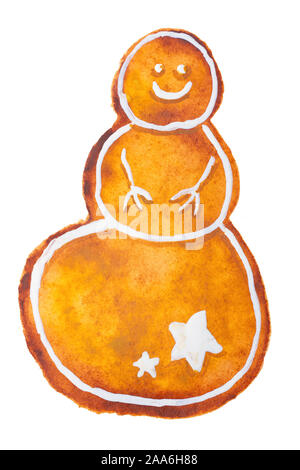 Disegnata a mano disegno ad acquerello del Natale gingerbread pupazzo di neve su sfondo bianco, isolato Foto Stock