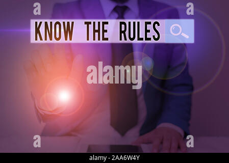 Segno di testo mostra conoscere le regole. Business photo testo imparare il principio accettato o istruzioni da seguire Foto Stock