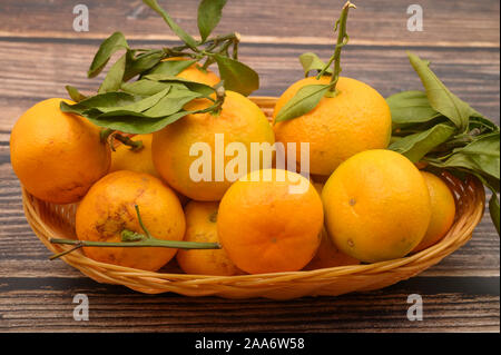 Un paio di mandarini giallo su un ramoscello con foglie verdi in un cesto di vimini su un sfondo di legno. Raccolto autunnale. L'agricoltura moderna. Per una dolcezza. Foto Stock