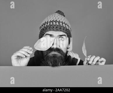 In autunno e il freddo concetto. Ottobre e Novembre tempo idea. Hipster con la barba e sorpresi di fronte si chiude gli occhi con foglia. Uomo in hat detiene il ciliegio foglie su sfondo arancione, spazio di copia Foto Stock