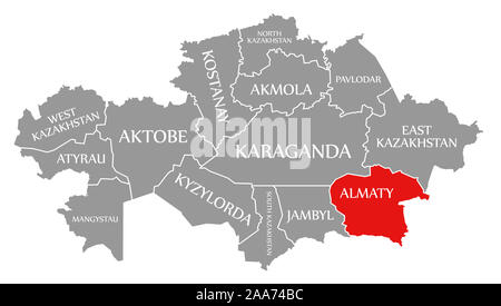Almaty evidenziata in rosso nella mappa di Kazakistan Foto Stock