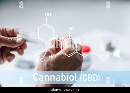 Vista ritagliata dell'uomo holding blunt della cannabis medica con la molecola del CBD di illustrazione Foto Stock