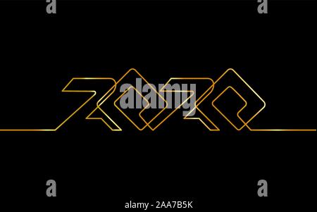 2020 Anno Nuovo singola linea continua art. Nero dorato holiday greeting card headline decorazione. Numeri data scritte silhouette concept design Illustrazione Vettoriale