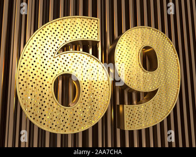 Numero 69 (numero sessantanove) perforato con piccoli fori sul metallo dello sfondo. 3D illustrazione Foto Stock
