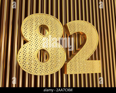 Numero 82 (numero ottanta-due) perforato con piccoli fori sul metallo dello sfondo. 3D illustrazione Foto Stock