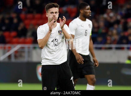 BUDAPEST, Ungheria - 18 novembre: Christoph Halper dell Austria U21 reagisce durante l'International amichevole tra Ungheria U21 e Austria U21 a Puskas Arena sul Novembre 18, 2019 a Budapest, Ungheria. Foto Stock