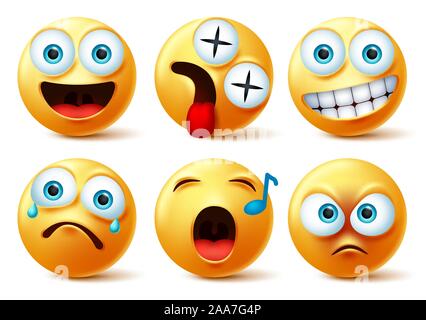 Smiley faccia emoji set di vettore. Smileys emojis o emoticon carino con volti felici, vertigini, cantando, arrabbiato, sorpresa, triste e piange l'espressione del viso. Illustrazione Vettoriale