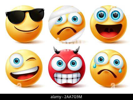 Emoticon o faccia emoji set di vettore. Giallo Smiley face icona ed emoticon in devil, feriti, sorpresa, arrabbiato e divertenti espressioni facciali. Illustrazione Vettoriale