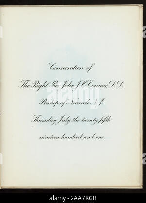 Liquori; disegno del vescovo O'Connor; elenco dei dignitari; musica; luogo manoscritte da FEB; la consacrazione del diritto REV. JOHN O'Connor, D.D. Vescovo di NEWARK NJ [detenute da] CHIESA CATTOLICA [at] KRUGER AUDITORIUM, Newark, NJ (CLUB PRIVATO;) Foto Stock