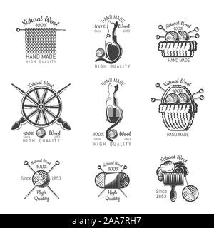 Set di etichette di lavorazione a maglia di lana di prodotto. Logo per imbarcazioni maglia sito correlato o business Illustrazione Vettoriale