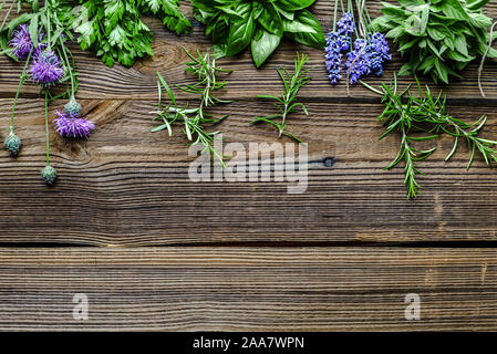 Le erbe fresche dal giardino. Il rosmarino, menta, lavanda, il prezzemolo e il basilico erba, sfondo con copia spazio. Foto Stock