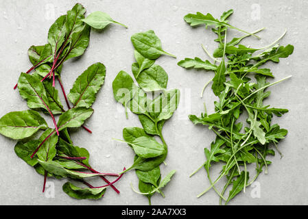 Un assortimento di verdure a foglia. Fattoria fresco baby insalate. Insalata verde foglie appena raccolto dal giardino. La rucola, baby spinaci e barbabietole. Foto Stock