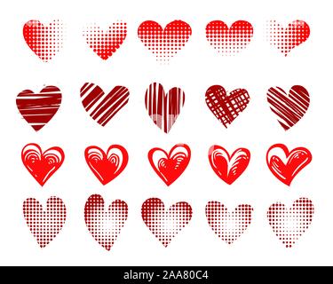 Set di cuori rossi emblema disegnate in stili differenti isolati su bianco. illustrazione vettoriale. Illustrazione Vettoriale