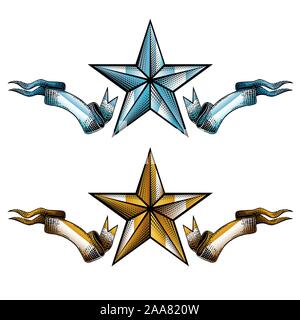 Golden e Silver star nel mezzo di nastri isolato su bianco. Incisione vintage stile di stile per la stampa o per la progettazione Illustrazione Vettoriale