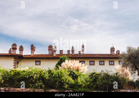Artimino, Toscana, Italia bella caratteristica architetturale dettagli della villa medicea la Ferdinanda, i suoi camini Foto Stock